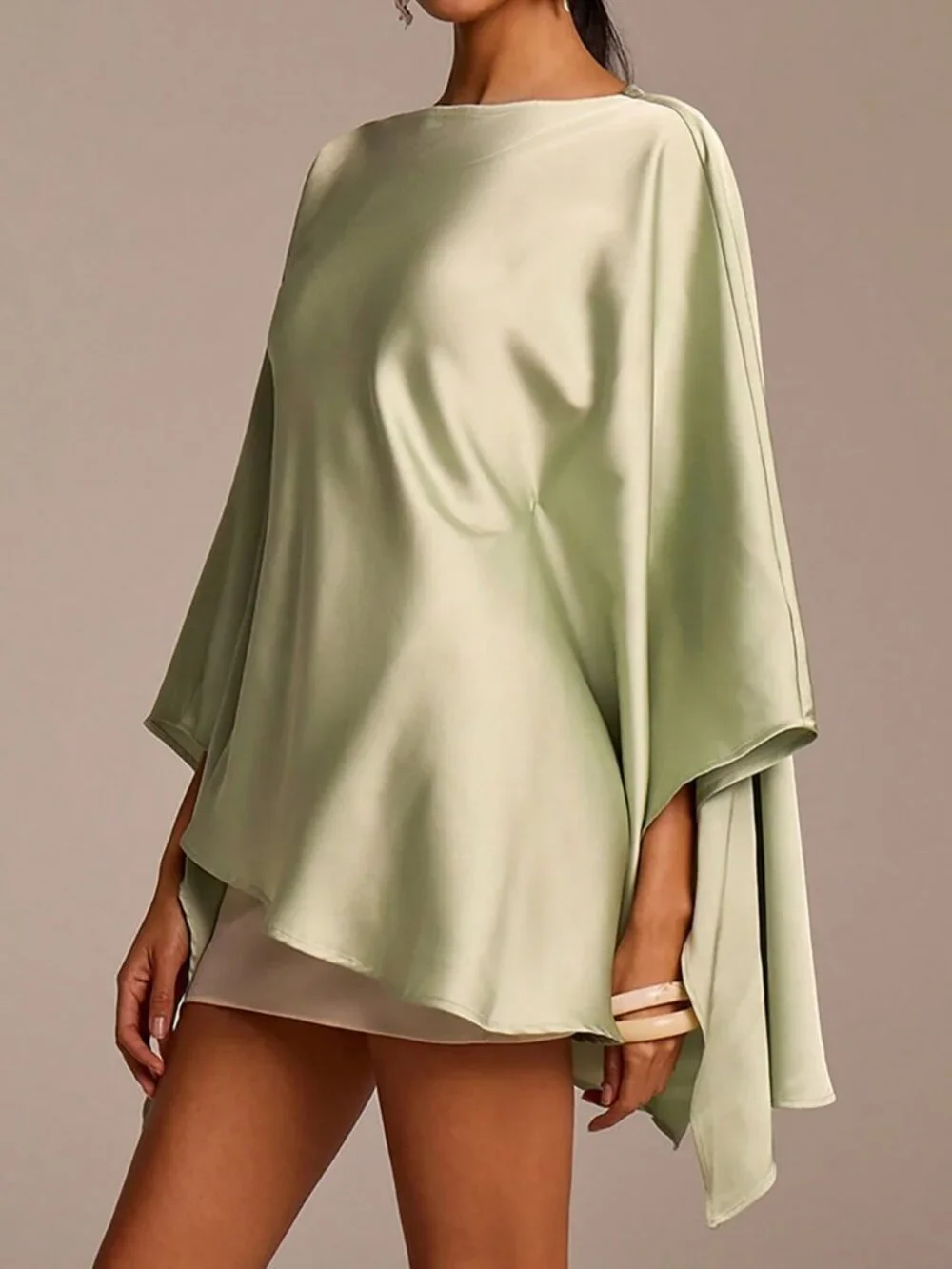 Green Elegant Women's Long Sleeve Asymmetric Satin Blouse
